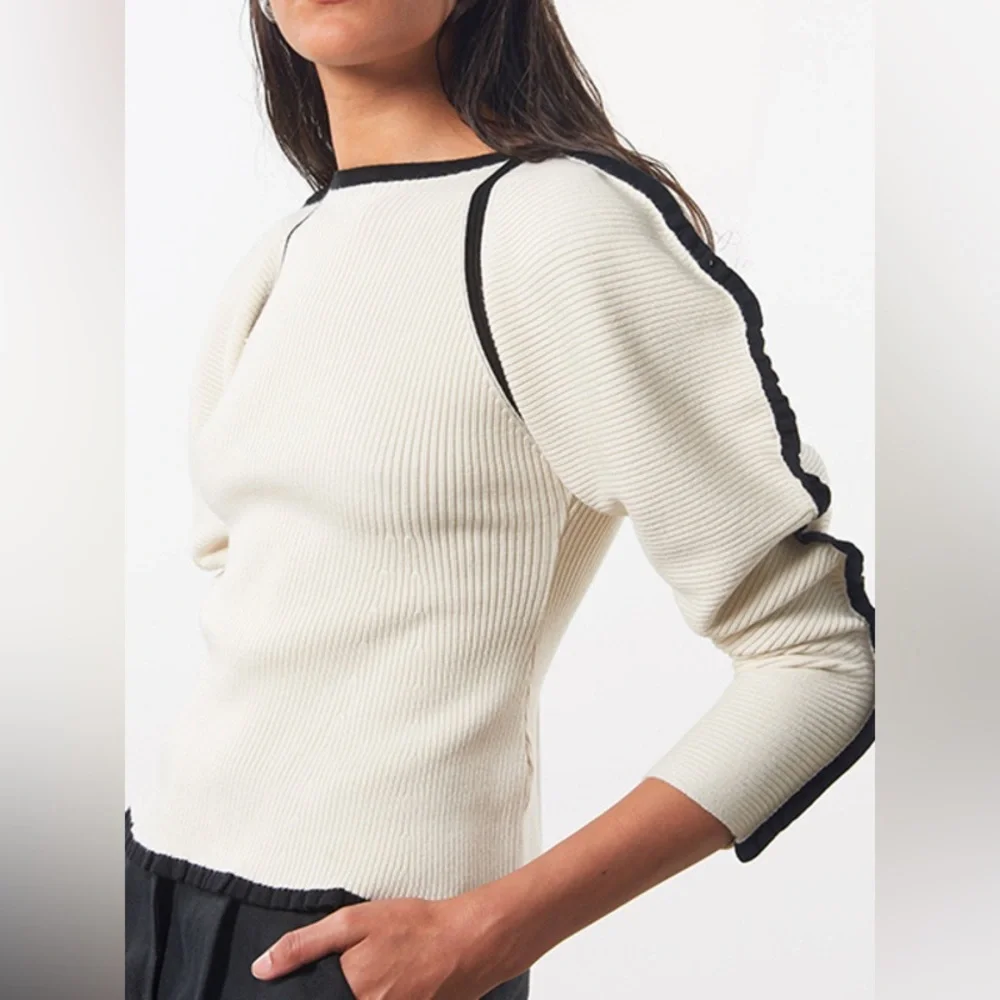 Mara Hoffman Nova Sweater in Ivory Ribbed Puff Sleeve Knit Stretch Pullover - Picture 3 of 7
